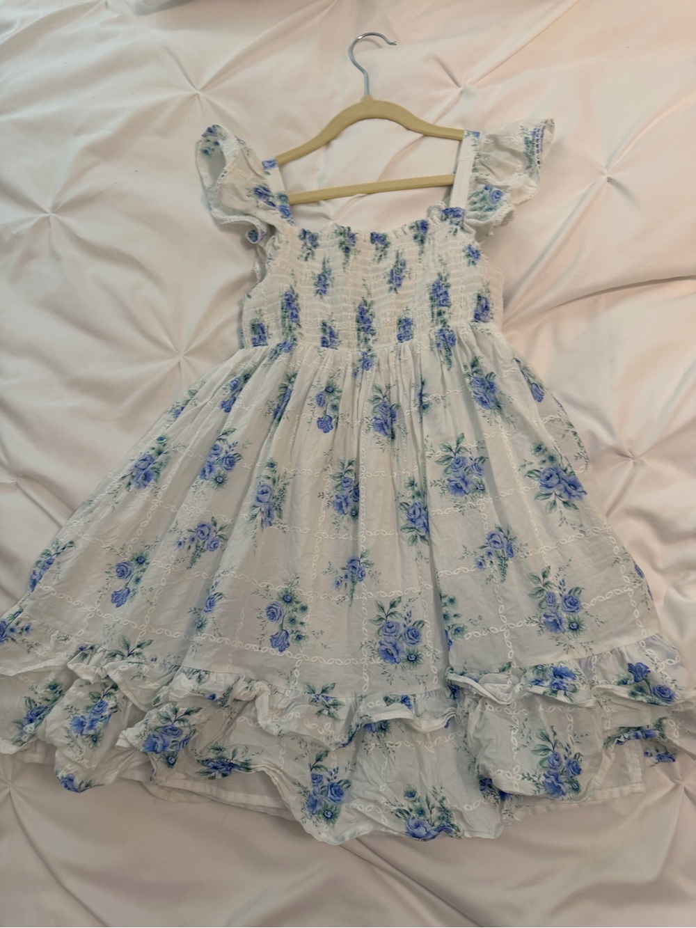 Shabby Chic White Sundress with Blue Floral Print